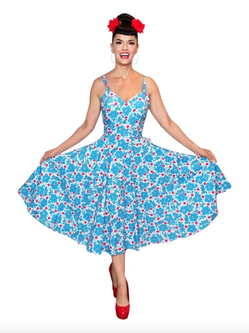 BB Ferrari Retro Pin-Up Cotton Floral Fit & Flare Sleeveless Dress Pockets, XL